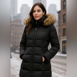 Michael Michael Kors Black Down Puffer Coat with Faux Fur Hood (Size XL)
